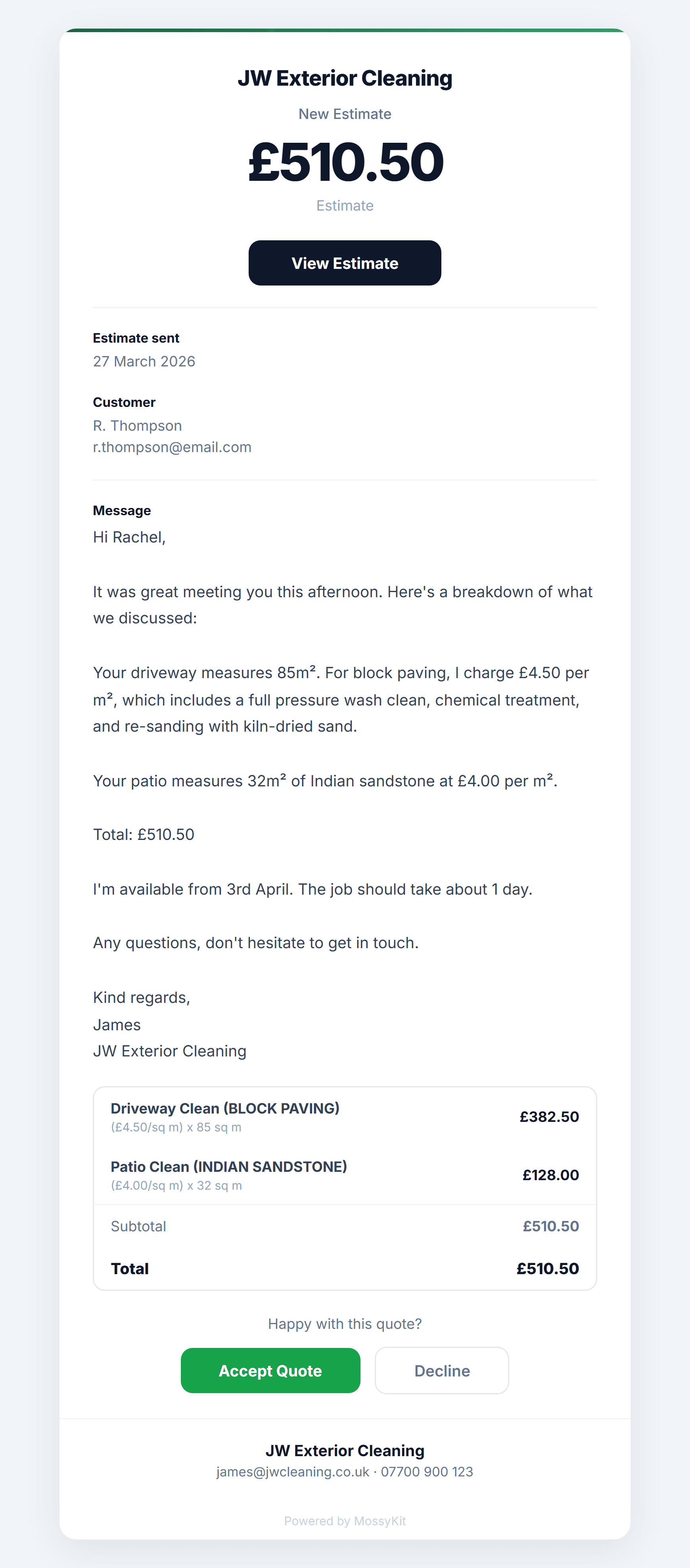 MossyKit Customer Email